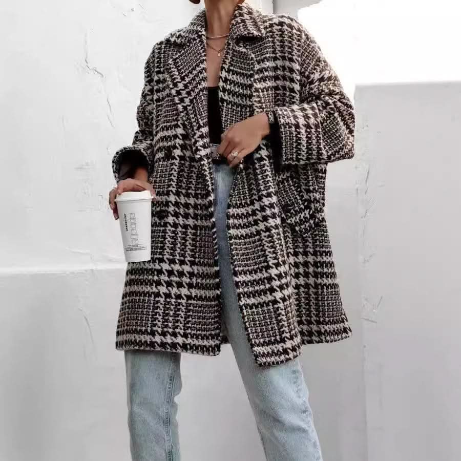 Houndstooth Collared Neck Long Sleeve Coat with Pockets - Love Salve